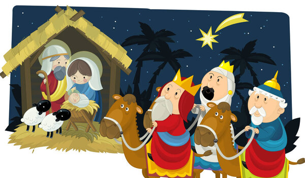 religious illustration three kings - and holy family - traditional scene - illustration for children