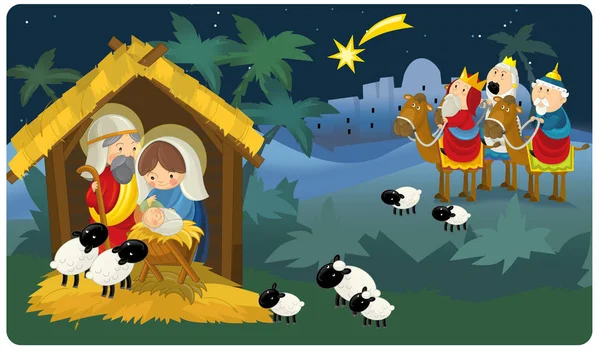 Religious Illustration Three Kings Holy Family Traditional Scene Illustration Children — Stock Photo, Image