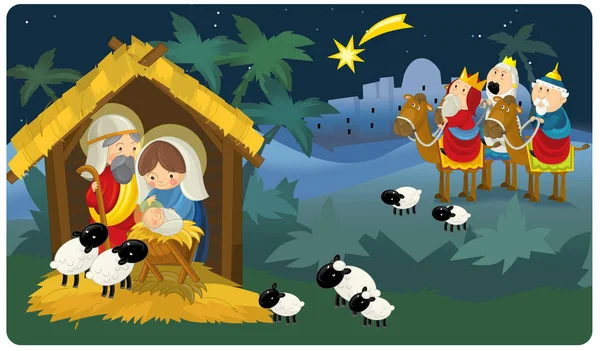 Религиозные Иллюстрации Три Короля Святая Семья Традиционная Сцена Иллюстрация Детей — стоковое фото