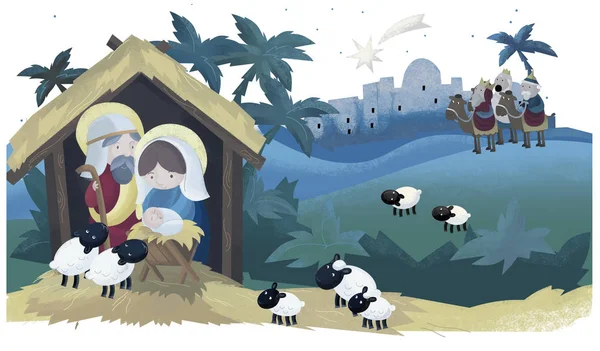 三个国王 和神圣的家庭 传统场景 儿童插图 — 图库照片