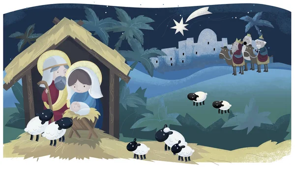 Religiöse Illustration Drei Könige Und Heilige Familie Traditionelle Szene Illustration — Stockfoto