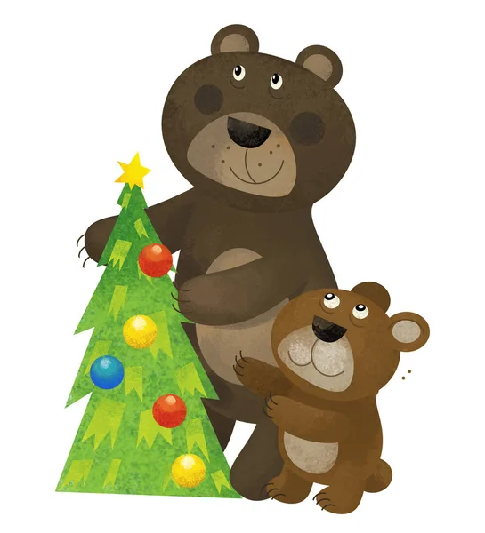 Мультяшна Сцена Смішним Ведмедем Тримає Зимове Дерево Білому Тлі Ілюстрація — стокове фото