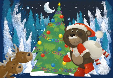 orman hayvanları reindeers ve çocuklar için Noel ağacı - geleneksel sahne - illüstrasyon yakınındaki Noel baba ayı ile kış manzara