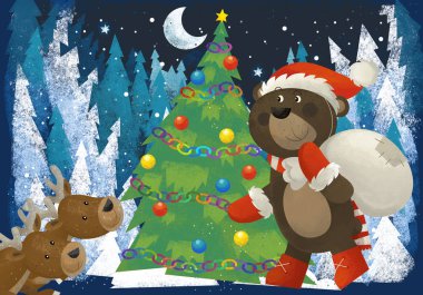 orman hayvanları reindeers ve çocuklar için Noel ağacı - geleneksel sahne - illüstrasyon yakınındaki Noel baba ayı ile kış manzara
