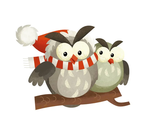 Escena Dibujos Animados Con Búho Pájaro Santa Claus Sobre Fondo — Foto de Stock