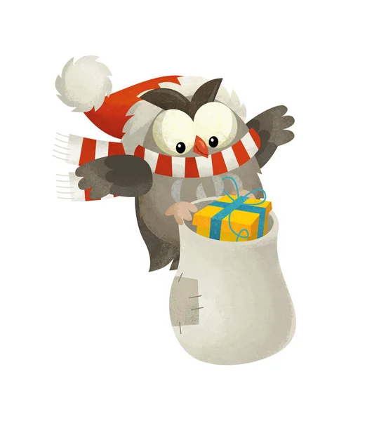 Cartoon Scene Owl Bird Santa Claus White Background Illustration Children — Stock Photo, Image