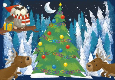 orman hayvanları reindeers ve çocuklar için Noel ağacı - geleneksel sahne - illüstrasyon yakınındaki Noel baba ayı ile kış manzara