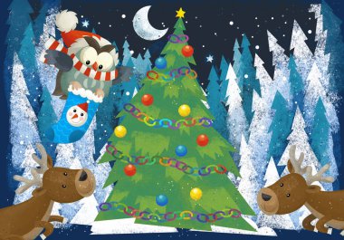 orman hayvanları reindeers ve Noel Baba baykuş yakınındaki çocuklar için Noel ağacı - geleneksel sahne - illüstrasyon ile kış manzara