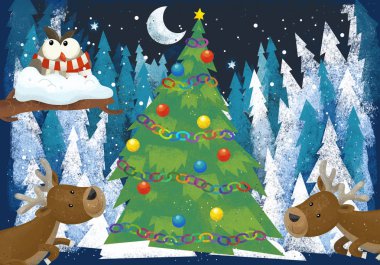 orman hayvanları reindeers ve Noel Baba baykuş yakınındaki çocuklar için Noel ağacı - geleneksel sahne - illüstrasyon ile kış manzara