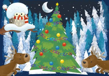 orman hayvanları reindeers ve Noel Baba baykuş yakınındaki çocuklar için Noel ağacı - geleneksel sahne - illüstrasyon ile kış manzara