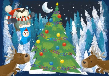 orman hayvanları reindeers ve Noel Baba baykuş yakınındaki çocuklar için Noel ağacı - geleneksel sahne - illüstrasyon ile kış manzara