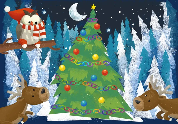 Zimowa Scena Lasu Zwierząt Renifery Santa Claus Niedźwiedź Pobliżu Choinki — Zdjęcie stockowe