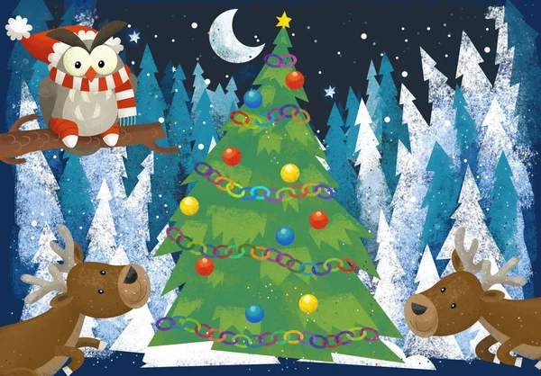 森林動物トナカイとサンタ クロース クマの子供のためのクリスマス ツリー 伝統的なシーン 図近くの冬景色 — ストック写真