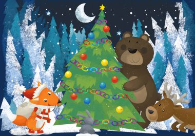 kış sahne ile orman hayvanları reindeers ayı ve çocuklar için Noel ağacı - geleneksel sahne - illüstrasyon yakınındaki tilki