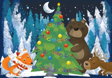 kış sahne ile orman hayvanları reindeers ayı ve çocuklar için Noel ağacı - geleneksel sahne - illüstrasyon yakınındaki tilki