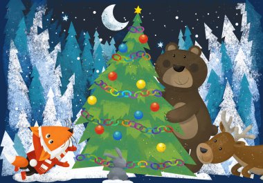 kış sahne ile orman hayvanları reindeers ayı ve çocuklar için Noel ağacı - geleneksel sahne - illüstrasyon yakınındaki tilki