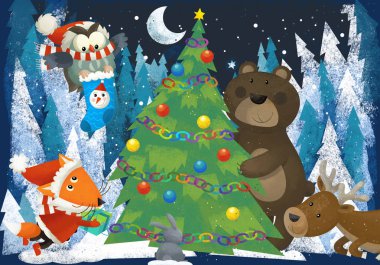 kış sahne ile orman hayvanları reindeers ayı tilki ve çocuklar için Noel ağacı - geleneksel sahne - illüstrasyon yakınındaki baykuş