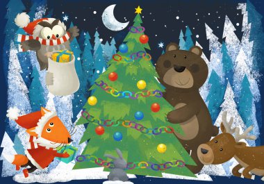 kış sahne ile orman hayvanları reindeers ayı tilki ve çocuklar için Noel ağacı - geleneksel sahne - illüstrasyon yakınındaki baykuş