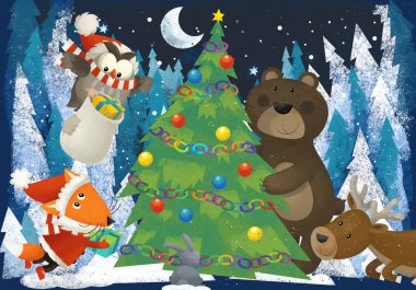 kış sahne ile orman hayvanları reindeers ayı tilki ve çocuklar için Noel ağacı - geleneksel sahne - illüstrasyon yakınındaki baykuş