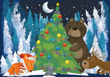 kış sahne ile orman hayvanları reindeers ayı tilki ve çocuklar için Noel ağacı - geleneksel sahne - illüstrasyon yakınındaki baykuş