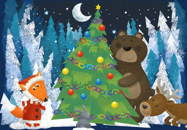 冬天场面与森林动物驯鹿熊和狐狸在圣诞树附近 传统场面 例证为孩子 — 图库照片