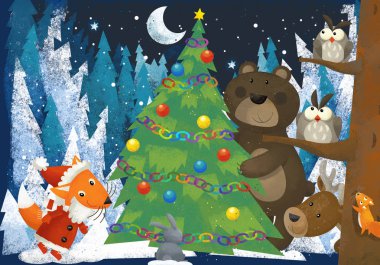 kış sahne ile orman hayvanları reindeers ayı ve çocuklar için Noel ağacı - geleneksel sahne - illüstrasyon yakınındaki tilki