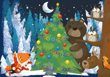 kış sahne ile orman hayvanları reindeers ayı ve çocuklar için Noel ağacı - geleneksel sahne - illüstrasyon yakınındaki tilki