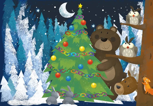 冬天场面与森林动物驯鹿和熊在圣诞树附近 传统场面 例证为孩子 — 图库照片