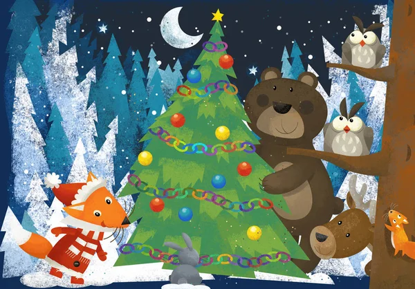 Téli Táj Erdő Állatok Rénszarvasok Viseli Fox Közelében Gyermekek Karácsonyfa — Stock Fotó