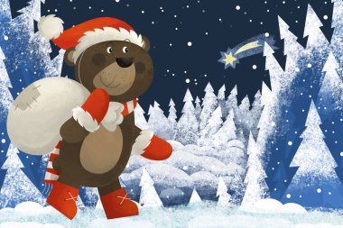 kış sahne orman hayvan ile Noel baba ayı çocuklar için orman - geleneksel sahne - çizimde