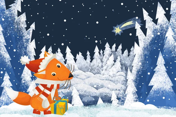 Winters Tafereel Met Forest Dierlijke Weinig Fox Met Kerstman Hoed — Stockfoto