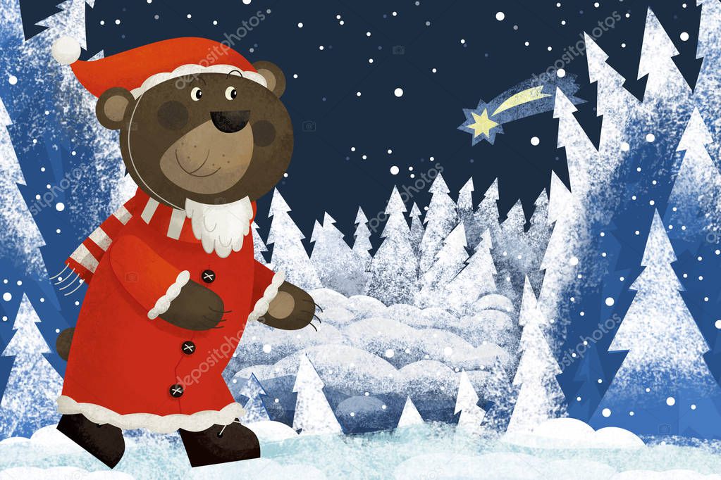 winter scene with forest animal santa claus bear in the forest - traditional scene - illustration for children