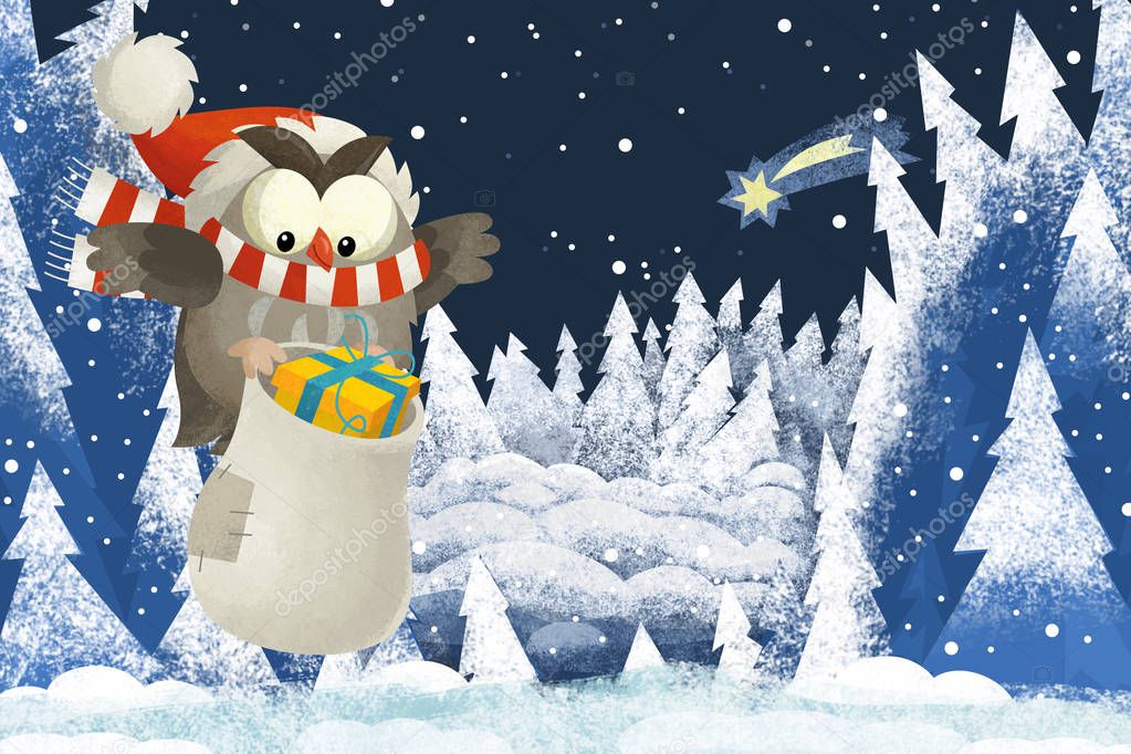 winter scene with forest animal wise owl with santa claus hat in the forest - traditional scene - illustration for children
