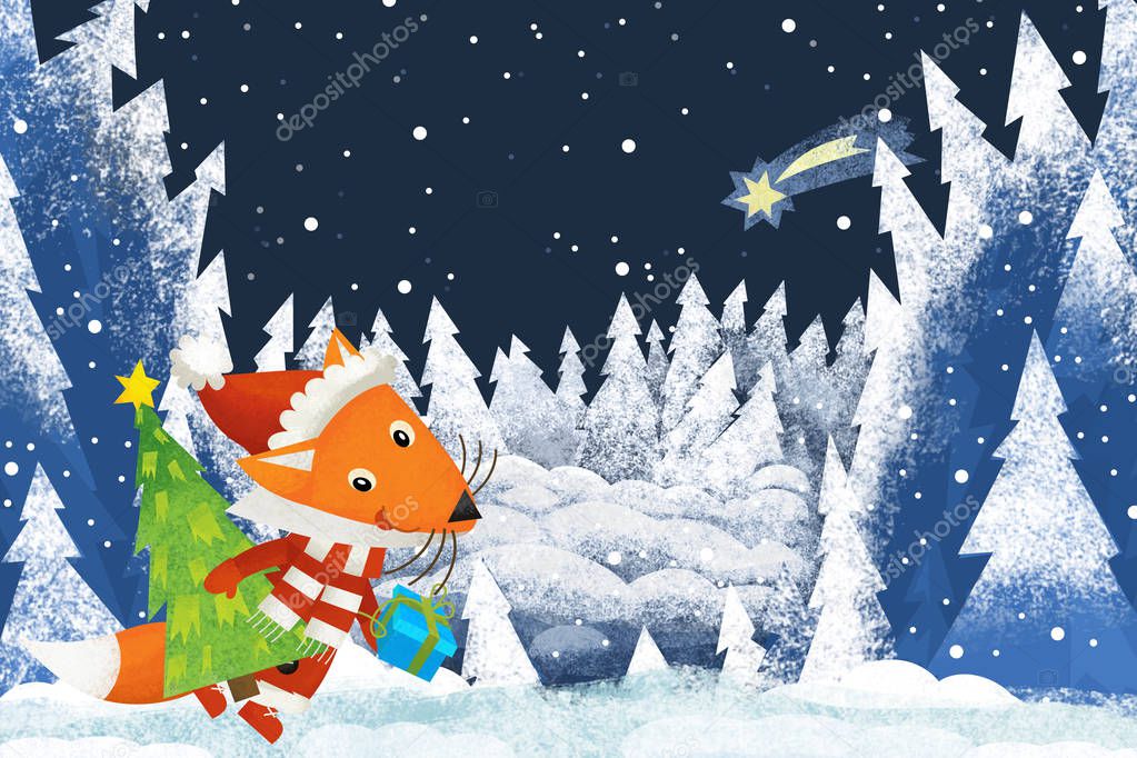 winter scene with forest animal little fox with santa claus hat in the forest - traditional scene - illustration for children