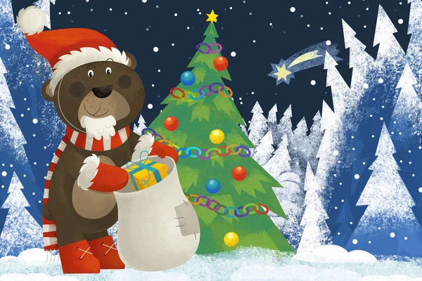 Зимова Сцена Лісовими Тваринами Санта Клаус Ведмідь Лісі Біля Ялинки — стокове фото