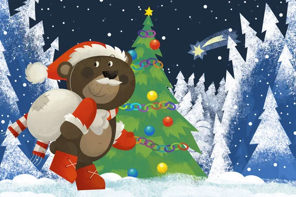Zimowa Scena Lasu Zwierzę Święty Mikołaj Niedźwiedź Lesie Pobliżu Choinki — Zdjęcie stockowe