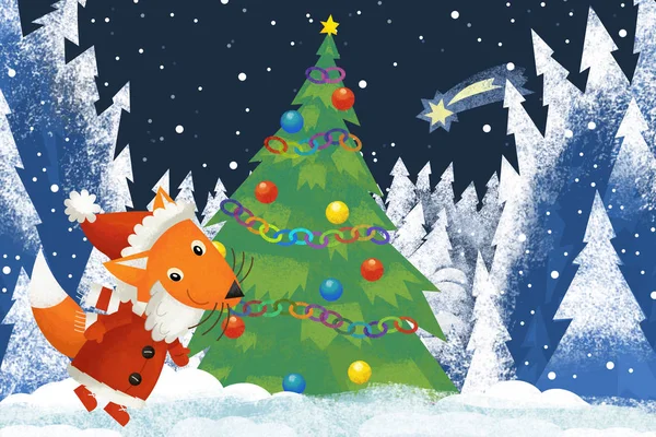 冬天场面与森林动物小狐狸与圣诞老人帽子在森林与圣诞树 传统场面 例证为孩子 — 图库照片