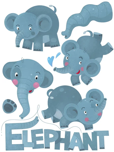 Cartoon Scen Med Uppsättning Elefanter Vit Bakgrund Med Tecken Namn — Stockfoto
