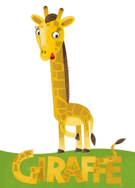 çizgi film sahne hayvan - çocuklar için örnek adı ile beyaz arka plan üzerinde zürafa kart ile