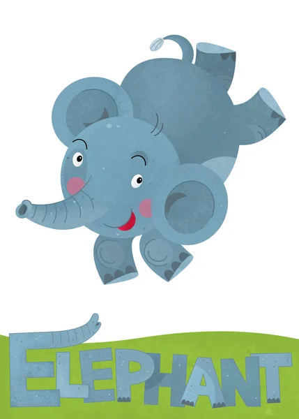 Cartoon Scen Med Elefant Kort Vit Bakgrund Med Namn Djur — Stockfoto