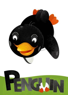 çizgi film sahne hayvan - çocuklar için örnek adı ile beyaz arka plan üzerinde penguen kart ile