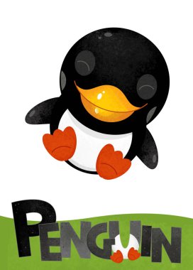 çizgi film sahne hayvan - çocuklar için örnek adı ile beyaz arka plan üzerinde penguen kart ile