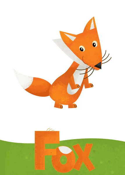 cartoon scene with fox card on white background with name of animal - illustration for children