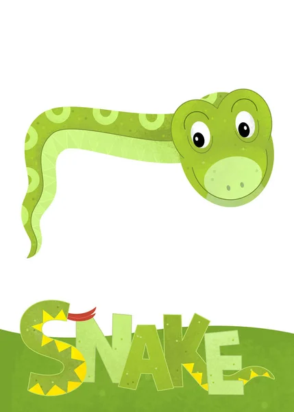 cartoon scene with snake card on white background with name of animal - illustration for children