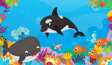 mercan ile mutlu ve sevimli Balık yüzme katil balina - illüstrasyon çocuklar için çizgi film sahne