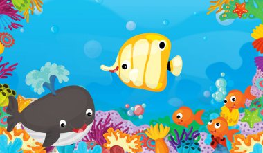 mercan ile mutlu ve sevimli Balık yüzme - illüstrasyon çocuklar için çizgi film sahne