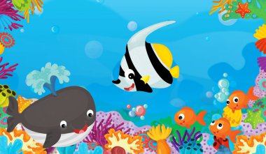 mercan ile mutlu ve sevimli Balık yüzme - illüstrasyon çocuklar için çizgi film sahne