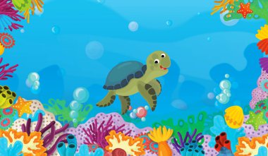 mercan ile mutlu ve sevimli balık kaplumbağa - illüstrasyon çocuklar için yüzme ile çizgi film sahne