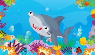 mercan ile mutlu ve sevimli Balık yüzme köpekbalığı - illüstrasyon çocuklar için çizgi film sahne