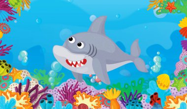 mercan ile mutlu ve sevimli Balık yüzme köpekbalığı - illüstrasyon çocuklar için çizgi film sahne